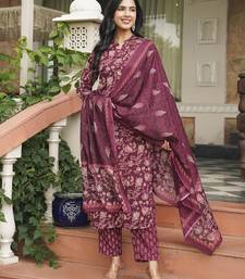 maroon color printed rayon blend styles kurta trouser with dupatta