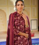 maroon color printed rayon blend styles kurta trouser with dupatta