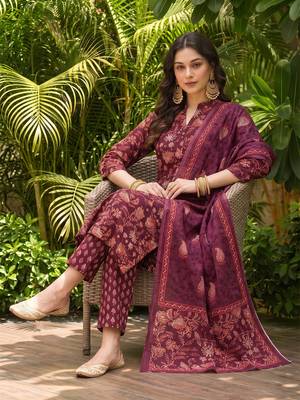 maroon color printed rayon blend styles kurta trouser with dupatta 2