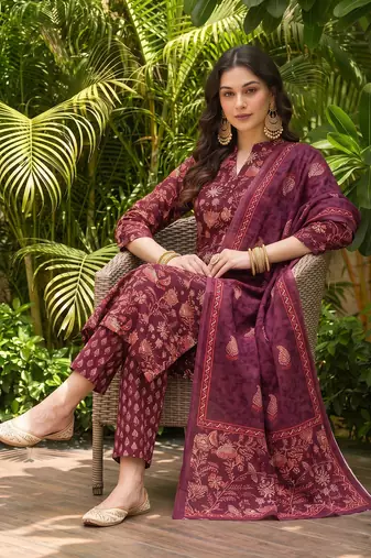 maroon color printed rayon blend styles kurta trouser with dupatta