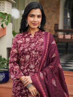 maroon color printed rayon blend styles kurta trouser with dupatta 2