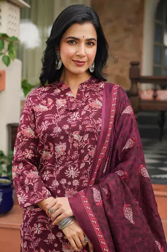 maroon color printed rayon blend styles kurta trouser with dupatta
