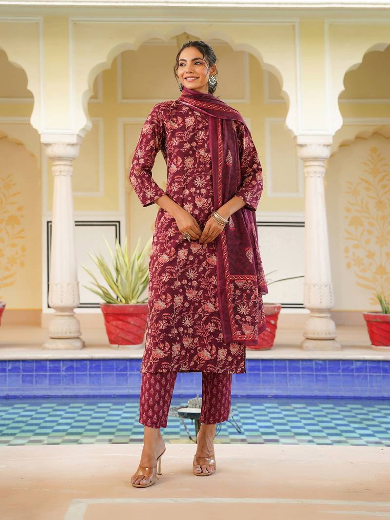 maroon color printed rayon blend styles kurta trouser with dupatta