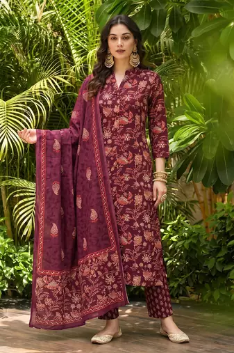 maroon color printed rayon blend styles kurta trouser with dupatta
