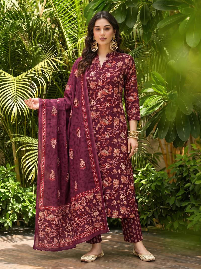 maroon color printed rayon blend styles kurta trouser with dupatta