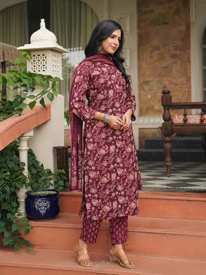 maroon color printed rayon blend styles kurta trouser with dupatta 3