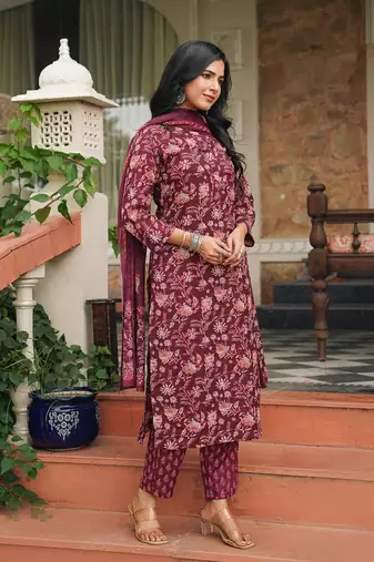 maroon color printed rayon blend styles kurta trouser with dupatta
