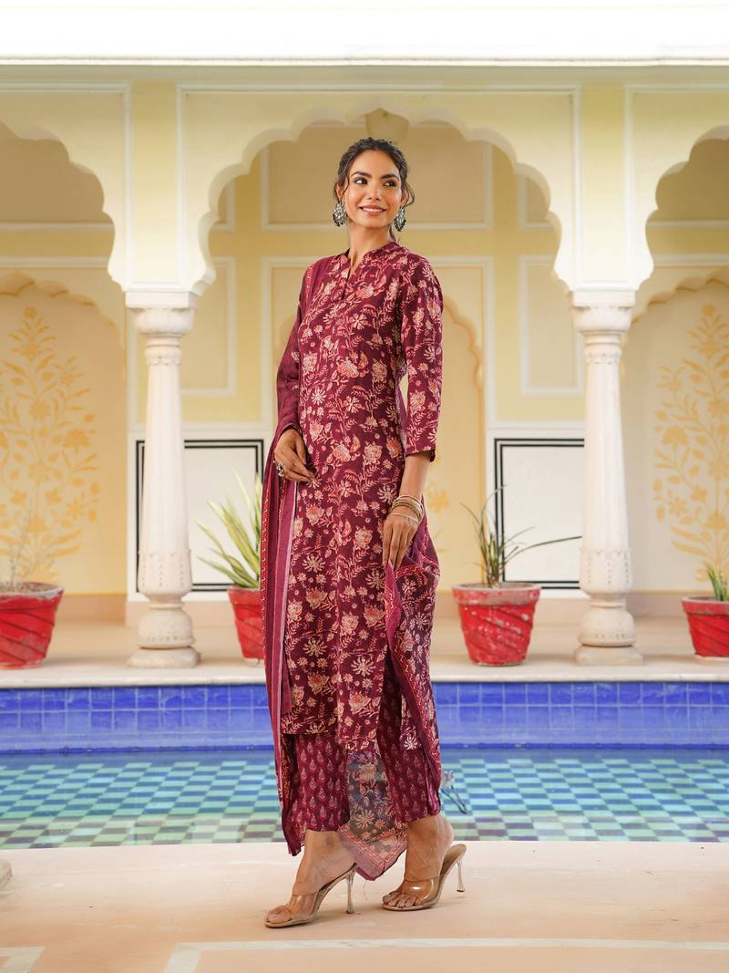 maroon color printed rayon blend styles kurta trouser with dupatta