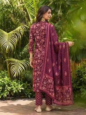 maroon color printed rayon blend styles kurta trouser with dupatta 4