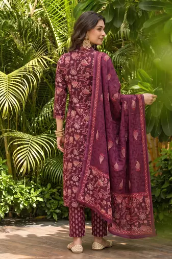 maroon color printed rayon blend styles kurta trouser with dupatta