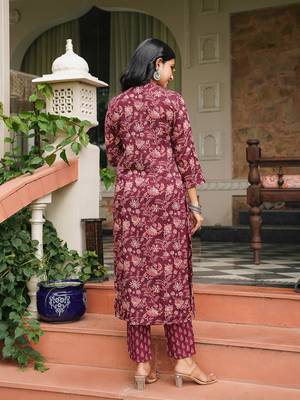 maroon color printed rayon blend styles kurta trouser with dupatta 4