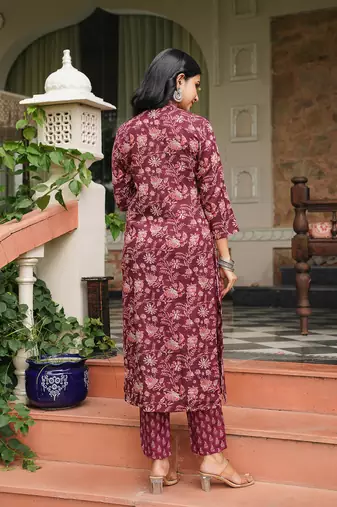 maroon color printed rayon blend styles kurta trouser with dupatta
