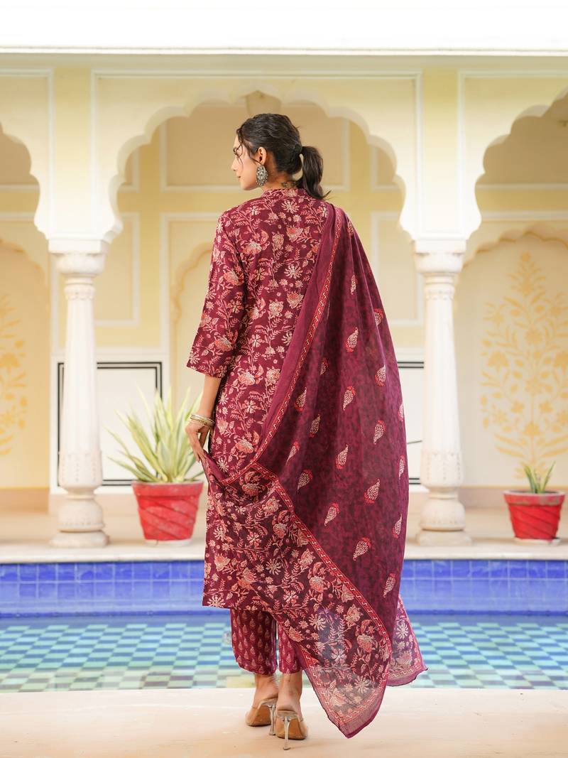 maroon color printed rayon blend styles kurta trouser with dupatta