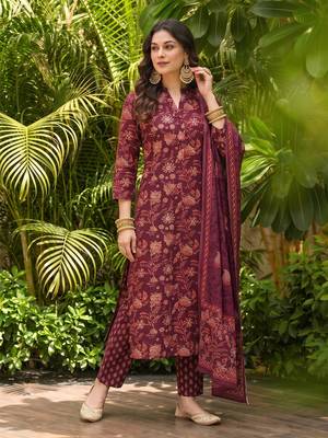 maroon color printed rayon blend styles kurta trouser with dupatta 5