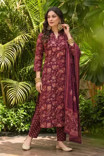 maroon color printed rayon blend styles kurta trouser with dupatta