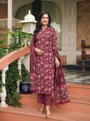 maroon color printed rayon blend styles kurta trouser with dupatta 5