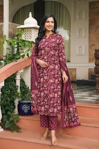 maroon color printed rayon blend styles kurta trouser with dupatta