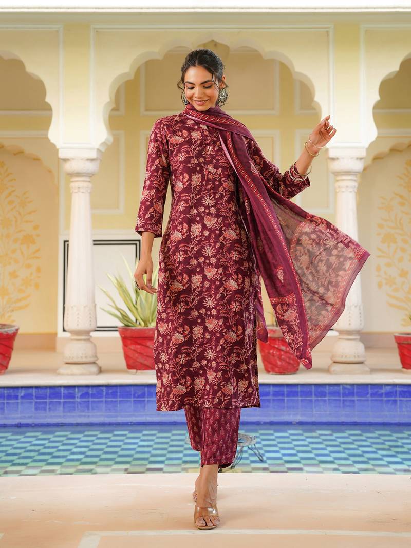 maroon color printed rayon blend styles kurta trouser with dupatta