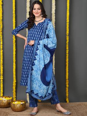 blue color printed rayon blend styles kurta trouser with dupatta 1