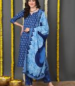blue color printed rayon blend styles kurta trouser with dupatta