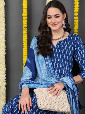 blue color printed rayon blend styles kurta trouser with dupatta 2