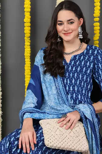 blue color printed rayon blend styles kurta trouser with dupatta