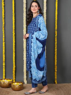 blue color printed rayon blend styles kurta trouser with dupatta 3