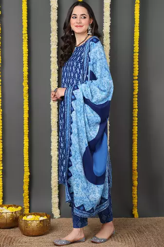 blue color printed rayon blend styles kurta trouser with dupatta