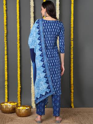 blue color printed rayon blend styles kurta trouser with dupatta 4