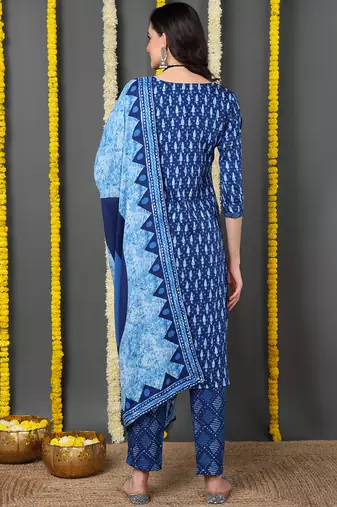 blue color printed rayon blend styles kurta trouser with dupatta