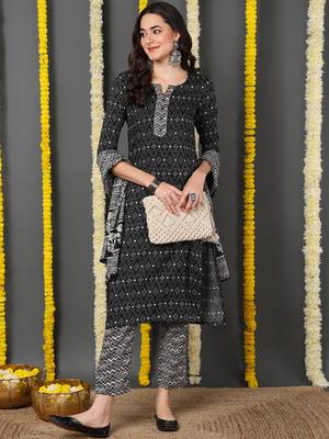 black color printed rayon blend styles kurta trouser with dupatta 1