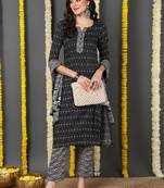 black color printed rayon blend styles kurta trouser with dupatta