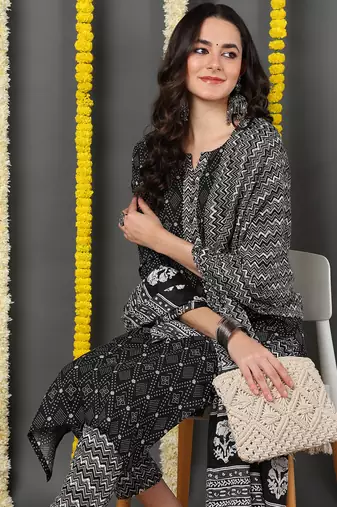black color printed rayon blend styles kurta trouser with dupatta