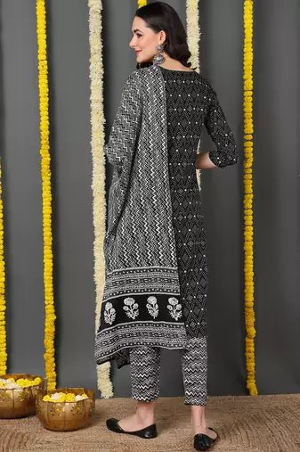 black color printed rayon blend styles kurta trouser with dupatta
