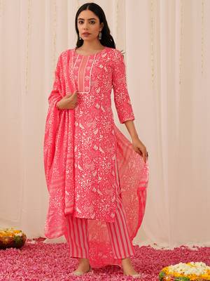 pink color printed viscose rayon styles kurta trouser with dupatta 1