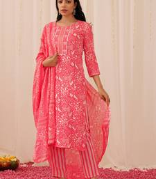 pink color printed viscose rayon styles kurta trouser with dupatta
