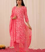 pink color printed viscose rayon styles kurta trouser with dupatta
