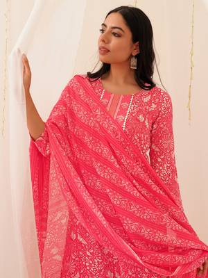 pink color printed viscose rayon styles kurta trouser with dupatta 2
