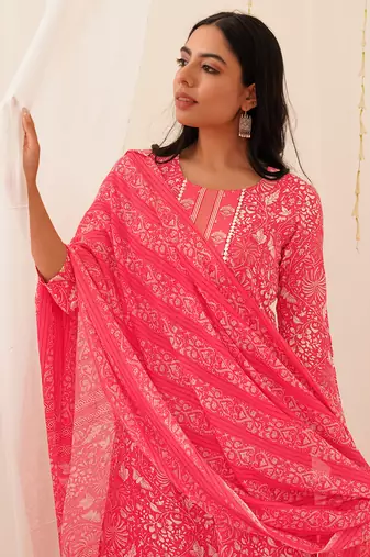 pink color printed viscose rayon styles kurta trouser with dupatta