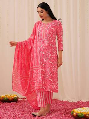 pink color printed viscose rayon styles kurta trouser with dupatta 3