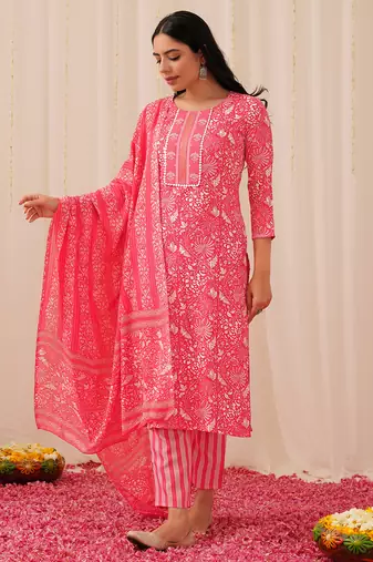 pink color printed viscose rayon styles kurta trouser with dupatta