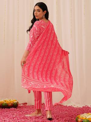 pink color printed viscose rayon styles kurta trouser with dupatta 4