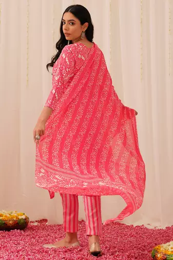 pink color printed viscose rayon styles kurta trouser with dupatta