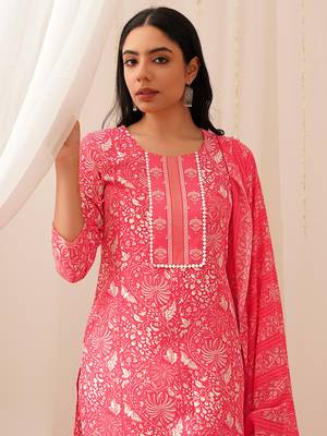 pink color printed viscose rayon styles kurta trouser with dupatta 5