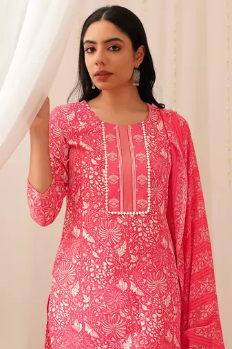 pink color printed viscose rayon styles kurta trouser with dupatta