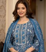 blue color printed rayon blend styles kurta trouser with dupatta