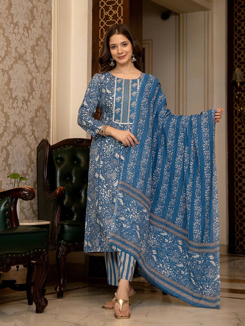 blue color printed rayon blend styles kurta trouser with dupatta