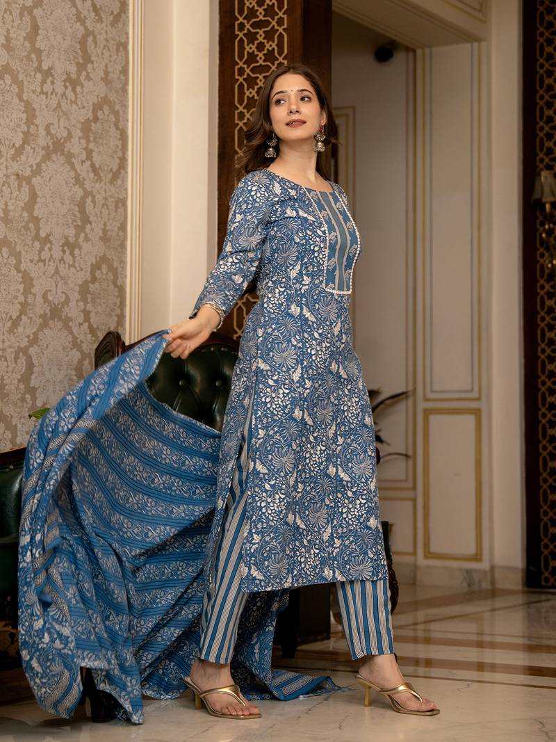 blue color printed rayon blend styles kurta trouser with dupatta