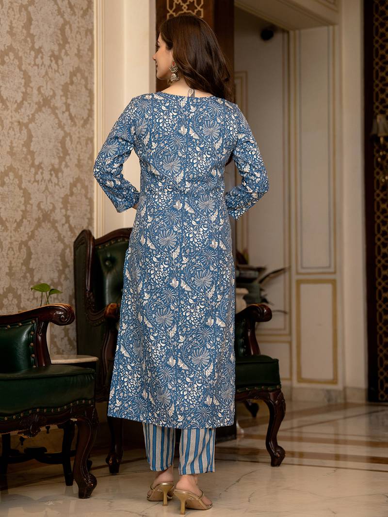 blue color printed rayon blend styles kurta trouser with dupatta