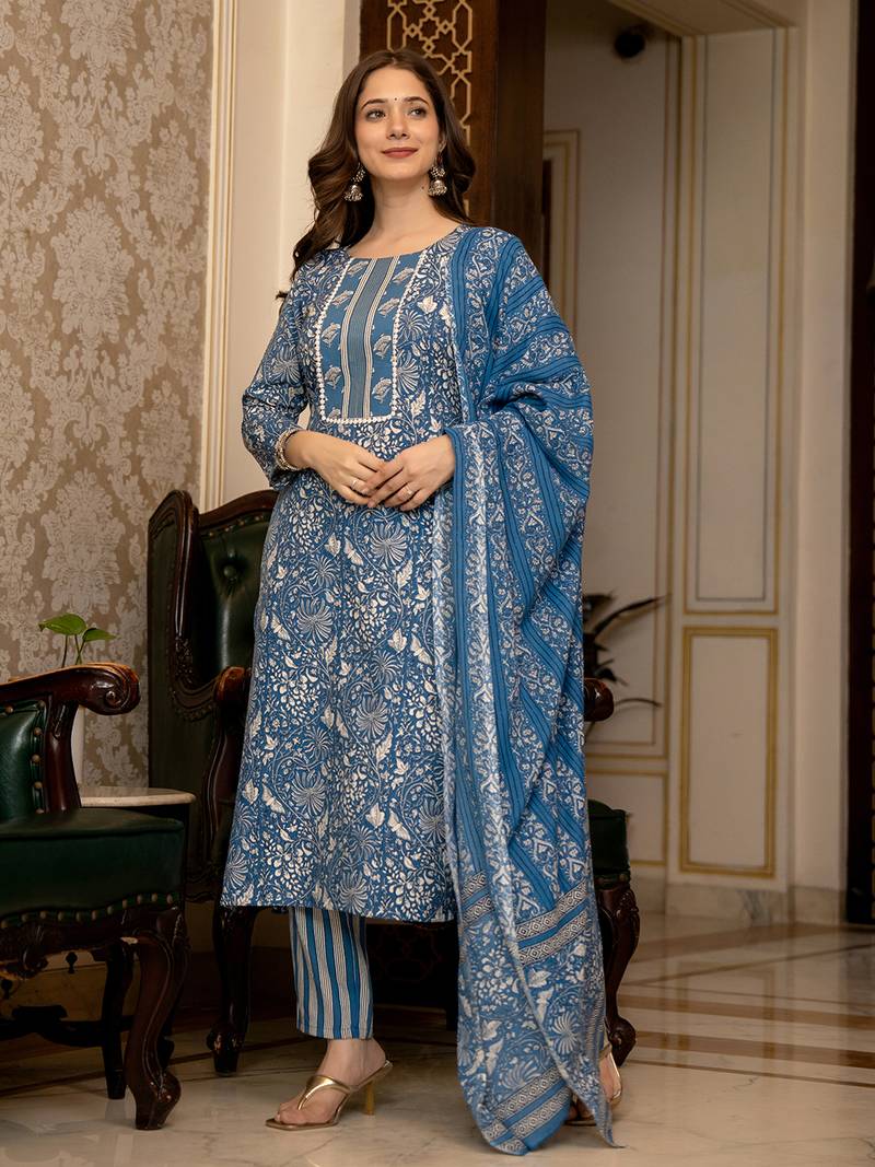 blue color printed rayon blend styles kurta trouser with dupatta